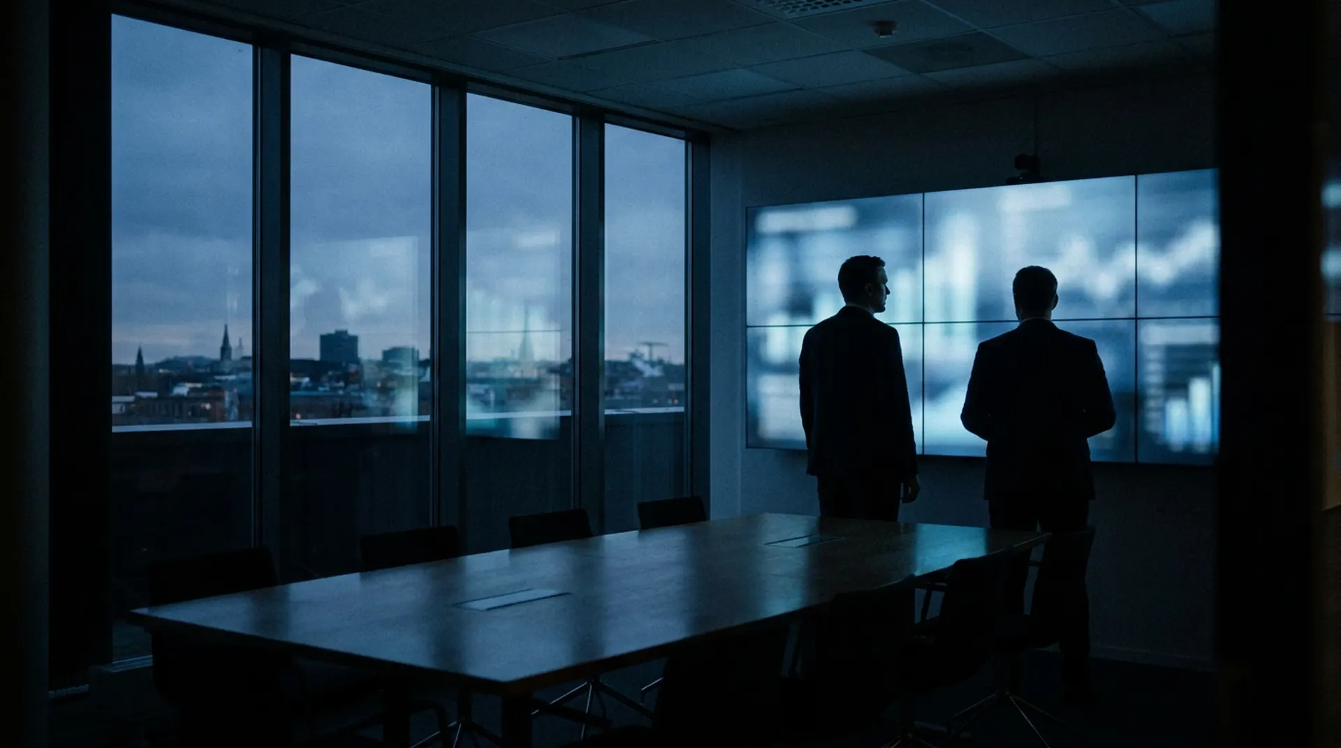 Two people in a meeting room at dusk looking at a wall display