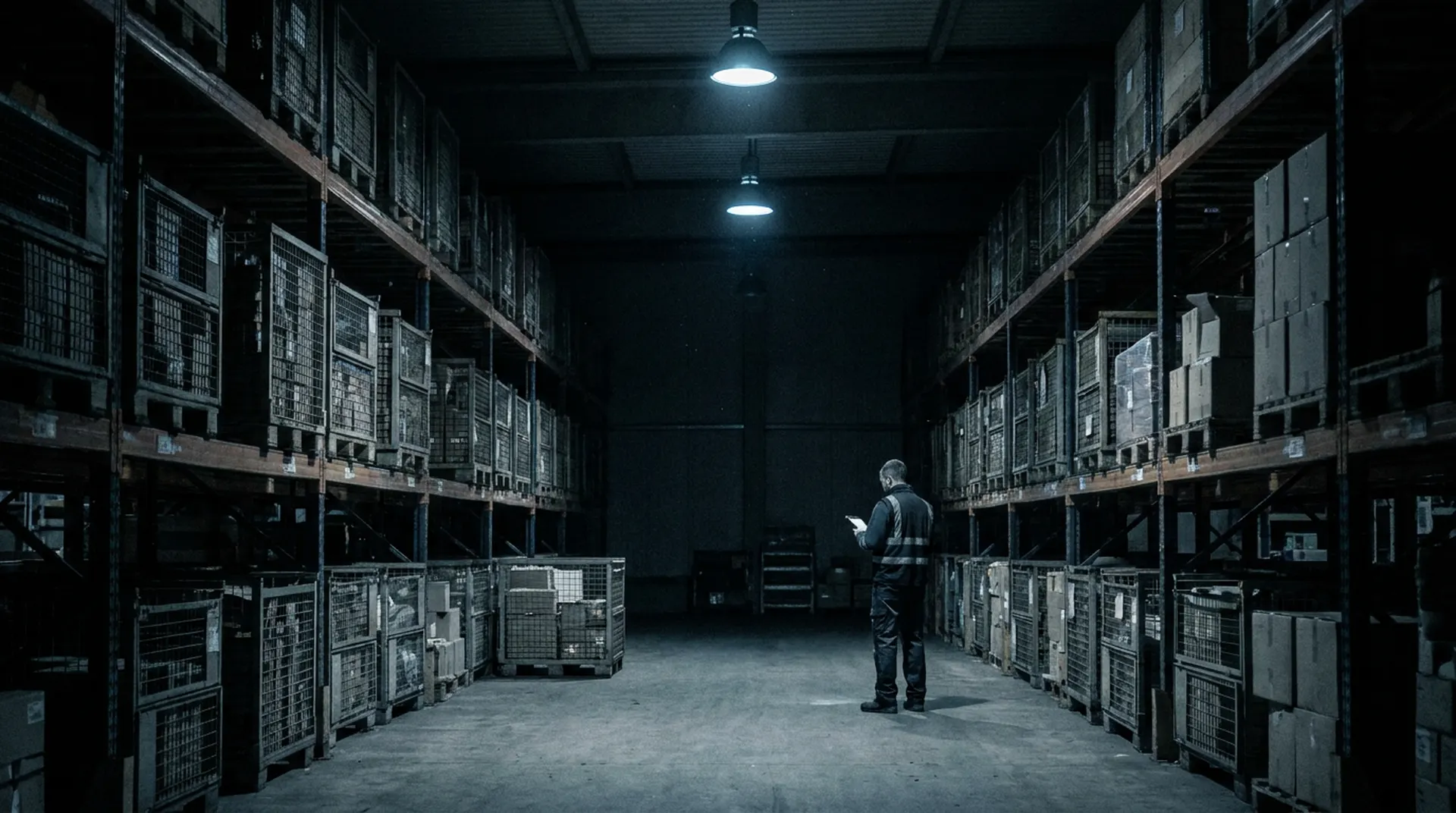 Warehouse aisle with a worker holding a scanner