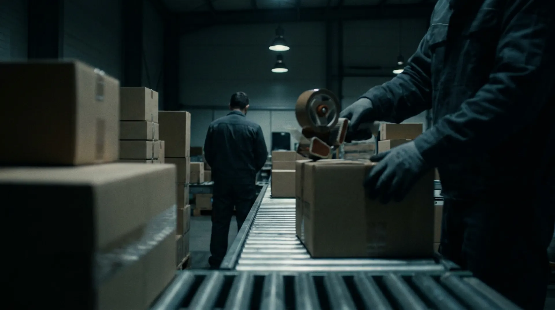 Parcels moving on a conveyor at a packing station
